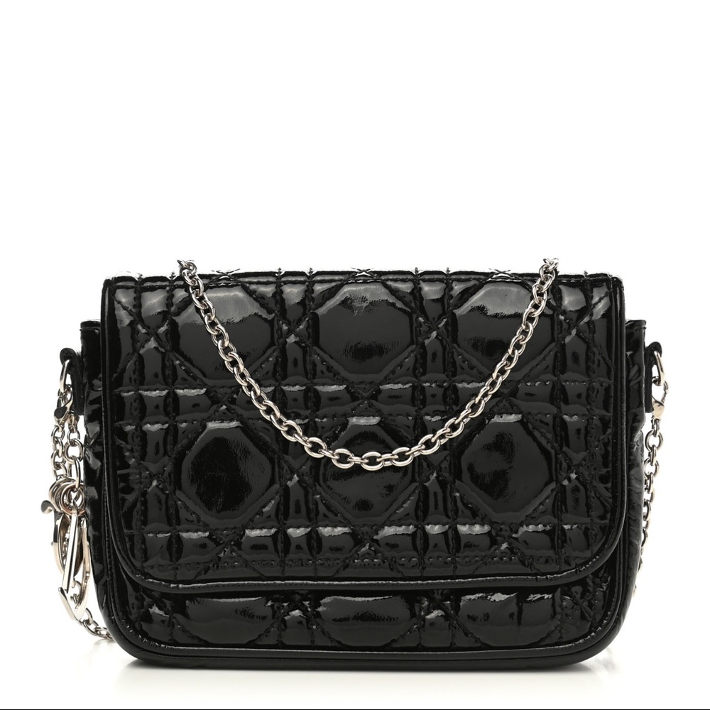 Christian Dior Cannage Lady Dior Patent Pochette in Black with Silver Hardware